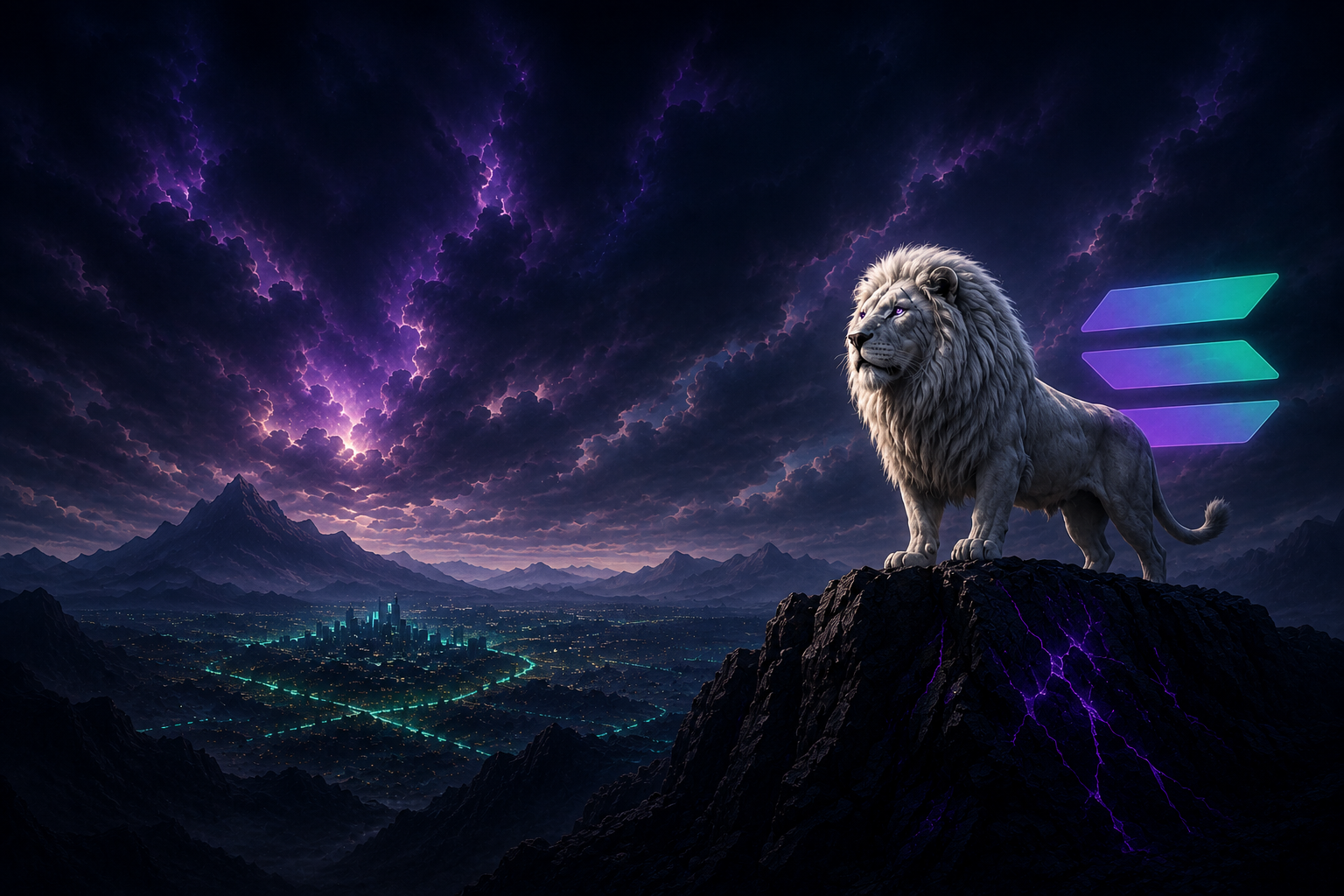 White lion on a mountain under a dramatic night sky